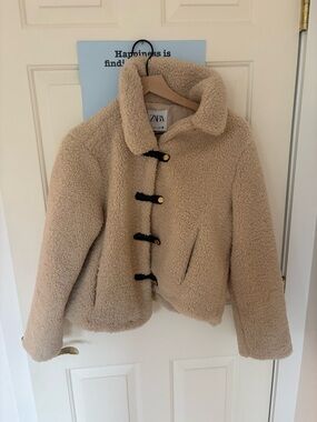ZARA Cream Teddy Faux-Shearling Toggle Coat